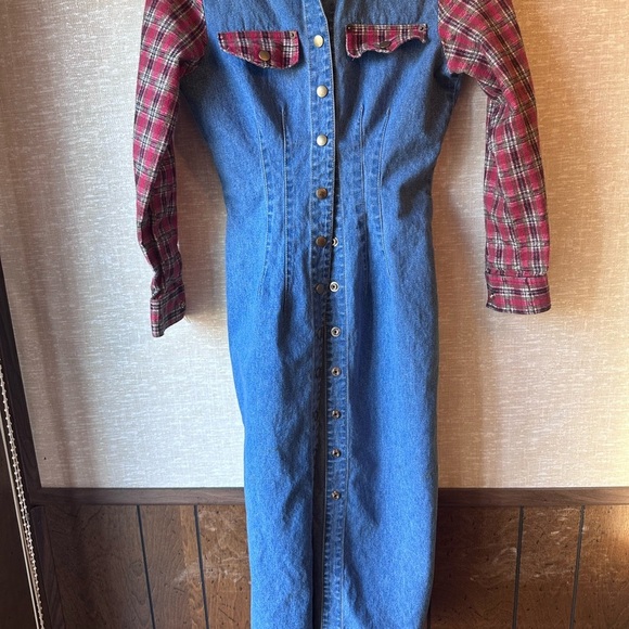 Vintage Denim Long Dress with Red Plaid Sleeves Full Length Snaps - Picture 3 of 8